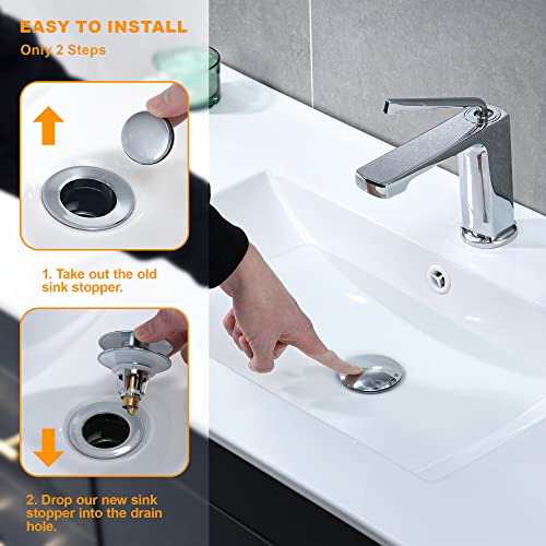 Universal Bathroom Sink Stopper, 1.1~1.5" Sink Drain Stopper, Full Size Bounce Bullet Type Pop Up Basin Drain Strainer, Chrome Anti-Clogging Sink Drain Filter with Hair Catcher (Silver) - color: Chrome, style: Large Lid