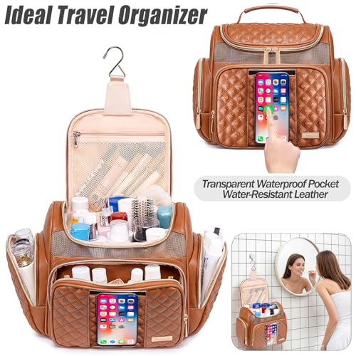 Large Leather Toiletry Bag for Women Men,Bathroom Bag,Water Resistant Shower Bag,Makeup Bag,Portable Shower Caddy for College Dorm,Hanging Travel Toiletry Bag with Transparent Waterproof Phone Pocket - color: Brown Leather-1