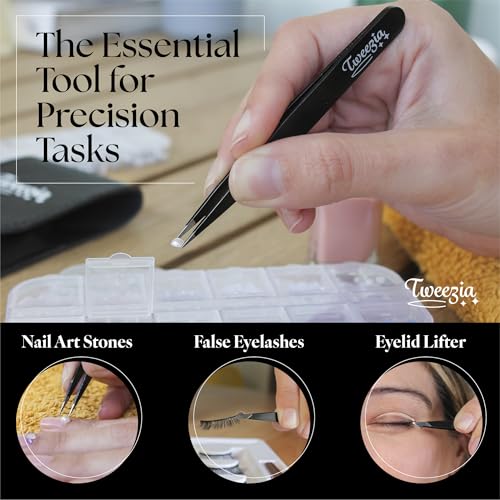 TWEEZIA Stainless Steel Precision Tweezers Set with Mirror Case, 4 Piece | Eyebrow tweezers, slant and pointed tips, use for facial hair, splinters, ingrown hairs, crafting, wigs, beauty kits