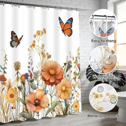 DDQQ 4Pcs Yellow Floral Shower Curtain Set Butterfly Bathroom Sets with Rugs, Flower Shower Curtain with 12 Hooks Bathroom Decor with Rugs Bath Accessories with Mats Toilet Lid Cover - color: Brown