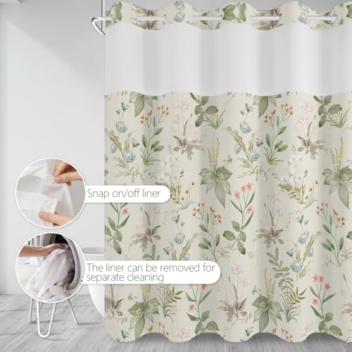 No Hook Shower Curtain with Snap in Fabric Liner Set, Waterproof & Washable, Boho Green Floral Shower Curtains for Bathroom, Farmhouse Cottage Core Decorative Patterned Bathroom Curtain, 71x74 inch - color: Green Botanical Floral