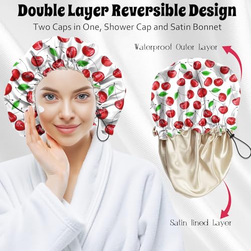 Luxury Shower Cap Satin Lined Reusable Waterproof Double Layer Elastic Adjustable Hair Bath Cap Cute Aesthetic Women Girls-Cherry - color: F4-Cherry