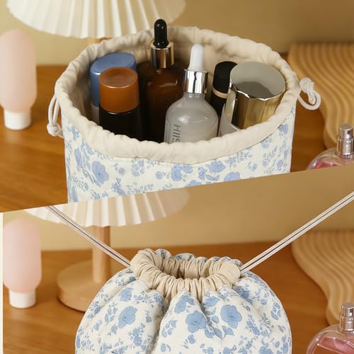 Gosect Large Makeup Bag, Cute Drawstring Cosmetic Bag with Canvas Lining, Floral Coquette Aesthetic Toiletry Bag, Travel Make Up Organizer Bag for Women and Girl (Blue Flower) - color: 035Blue Flower
