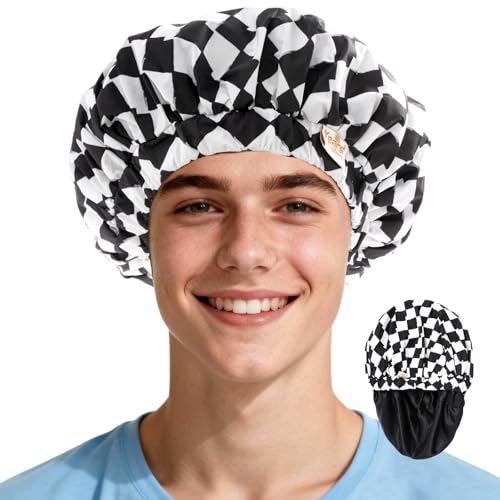 Years calm Shower Cap for Men Waterproof Reusable - Fashion Dual-Layer Design, Adjustable Elastic Band for Long & Curly Hair, XL Bath & Spa Cap for Travel, Satin Lined Shower Cap Black - color: French Black and White