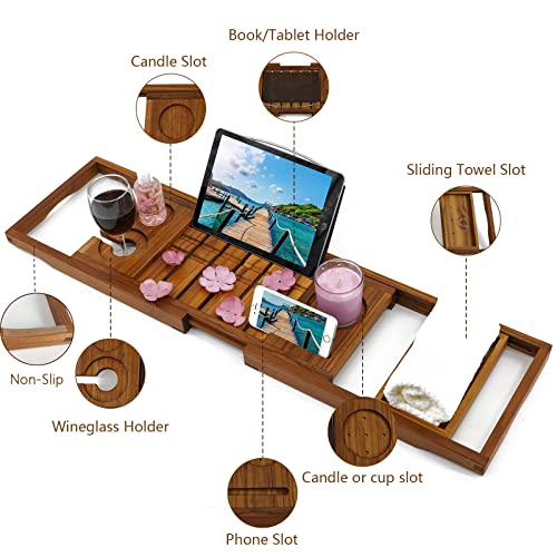Utoplike Teak Bathtub Caddy Tray Bath Tray for Tub, Unique Bathtub Organizer with Book Tablet Wine Glass Cup Towel Holder, Adjustable, for Your Loved