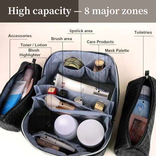BOYATU Travel Makeup Bag Cosmetic Bags for Women: Large Capacity 3 Pcs Set Make up Bag with Compartments - Waterproof Vegan Leather Toiletry Organizer Bags with Handle (L15 Black) - color: L15 Black