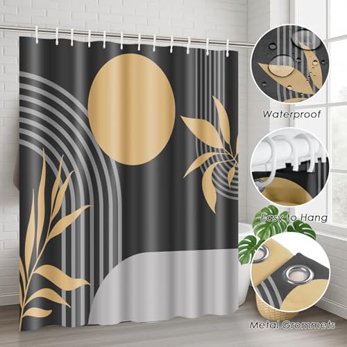 Boho Mid Century Shower Curtain Set with Toilet Lid Cover and Non-Slip Rugs, Abstract Geometric Grey Background 4 Pcs Modern Minimalist Shower Curtain for Bathroom Set with 12 Hooks - color: Boho Grey 2
