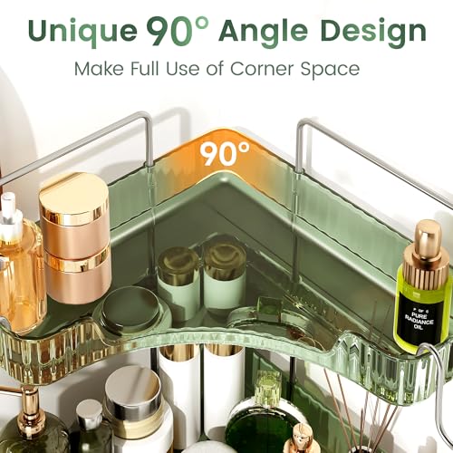 Corner Counter Organizer, 2-Tier Bathroom & Kitchen Storage Tray with Hooks | PET Green Vanity Organizer for Skincare, Makeup & Jewelry - color: Green, size: 2 Tier