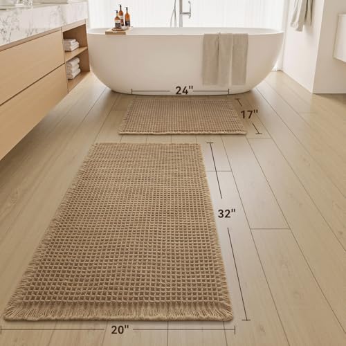 Upgraded Waffle Bath Mat Set of 2, Super Absorbent Non Slip Bath Mats for Bathroom Floor, Machine Washable Boho Bathroom Rugs Set 2 Piece with Tassels, Soft Bathroom Mat Set, 17" x 24" +20" x 32" - color: Brown, size: 17" x 24" + 20" x 32"