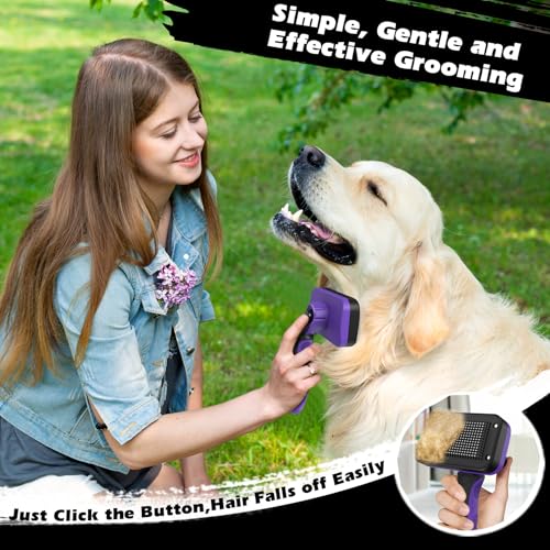Professional 3PCS Self Cleaning Slicker Brush & Pet Grooming Rake & Flea Comb for Dogs,Cats and Horses | Double-Sided Dematting Comb & Skin Friendly Deshedding Grooming Tool | Pet Supplies (Purple) - color: Purple