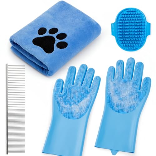 Pet Shower & Bath Supplies，Dog Shampoo Brush Set with Towel, Washing Gloves,Comb for Dogs and Cats (Blue) - color: blue, size: M