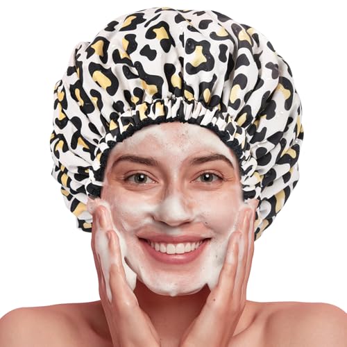 Shower Cap for Women Terry Lined Bath Cap Large Reusable Waterproof Elastic Band Leopard Shower Caps for Long Thick Hair Soft Bath Shower Hair Caps - color: Leopard Print Pattern