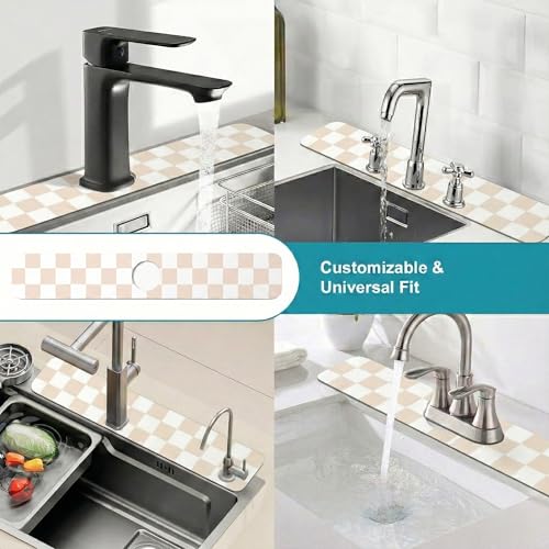Cuttable Kitchen Sink Faucet Mat: 24" Lx4 W Splash Guard with Center Hole | Customizable Absorbent Non-slip Fabric Rubber Mat, Cut to Fit 2,3,4 Holes Irregular Sink with Soap Dispenser Air Gap