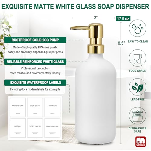 GMISUN White Soap Dispenser, 2 Pack Glass Hand Soap Dispensers Bathroom with Gold Pump, 17 Fl Oz Dish Soap Dispenser Set for Kitchen, Refillable Modern Liquid Soap and Lotion Dispensers Bottle - color: White Bottle + Golden Pump