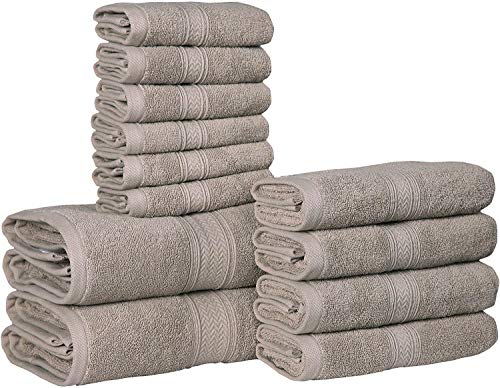 Hillfair 12-Piece Cotton Bath Towel Set - 600 GSM - Hotel Spa Towels - 2 Bath, 4 Hand, 6 Washcloths - Absorbent Soft Cotton - Khaki Stone - color: Stone, size: 12 Piece Towel Set