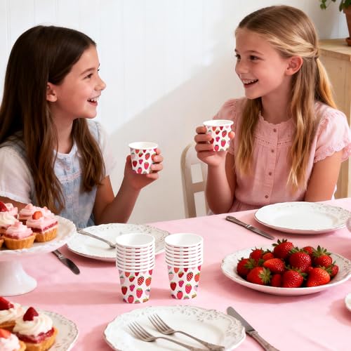 WRAPAHOLIC 3oz Paper Cups - 100 Pack Disposable Bathroom Cups with Strawberry Fruits Design, Small Mouthwash Cup for Toothbrush Rinse, Home Bathroom, Picnic, BBQ, Travel and Party - color: Pink & Red Strawberry
