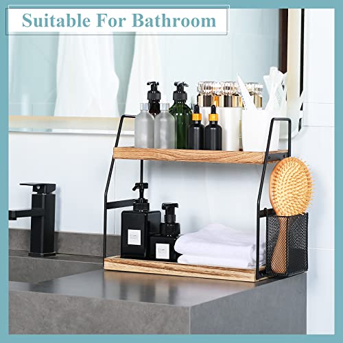 Bathroom Counter Organizer, 2-Tier Standing Storage Shelf with Basket, Wood Tray for Skincare Vanity Organizer - style: 2 Tier Brown