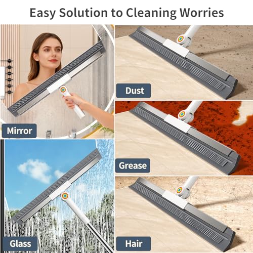 Floor Squeegee for Concrete Floor, Squeegee for Floor with 180° Rotating Head & 63" Long Handle, Garage Squeegee Broom for Epoxy Floor, Pet Hair, Water Removal, Bathroom Tile, Shower Glass, Carpet