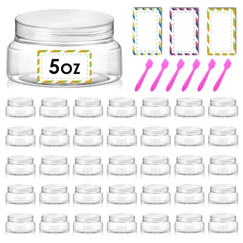 36 Pack 5 oz Plastic Cosmetic Containers With Lids Refillable Clear Empty Travle Jars Containers for Body Butter,Sugar Scrubs,Cream,Lotions,Candy, Waterproof Label&Spatulas - (Clear Lid) - color: Clear-Clear Lid, size: 5 OZ