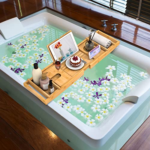 Bamboo Bathtub Tray for Luxury Bathroom, Expandable Premium Bath Tray w/Soap Towel Book Holder, Adjustable Bath Accessories for Tub,Extendable Tub Tray w/Wine Glass Cup Organizer 29.5"-43.3" Nature - color: Beige