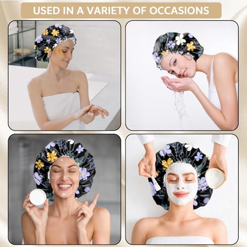 Shower Cap Adjustable Waterproof Double Layer Elastic Reusable Hair Bath Cap Cute Aesthetic for Women Girls-Purple Flower - color: R6-Purple Flower