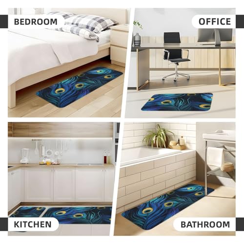Peacock Feather Blue Kitchen Rugs Mats Set of 2 Pcs Non-Slip Floor Mats Washable Runner Rugs Set for Bathroom Laundry Hallway Kichen Comfort Standing Mat - color: Peacock Feather Blue
