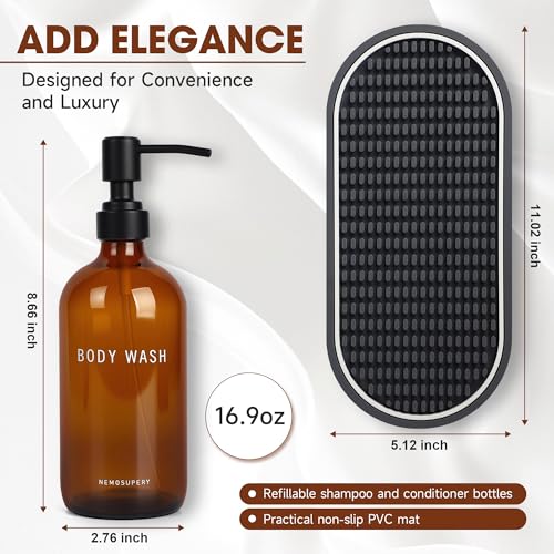 Amber Glass Shampoo and Conditioner Dispenser Set – 16.9oz Refillable Bottles with Stainless Steel Pump, Non-Slip Mat & Waterproof Labels –Shampoo Conditioner Body Wash Dispenser for shower - color: Amber