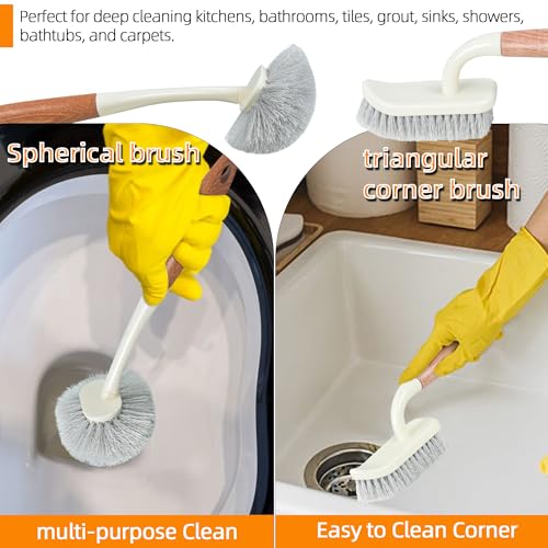 5-Pack Heavy Duty Scrub Brushes Set with Wooden Handles, Multi-Surface Scrubber for Kitchen, Bathroom, Tile & Grout, Includes Spherical, Triangle, Square & Dish Brush for Stubborn Stains