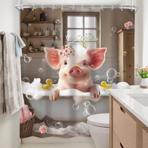 Newsely Funny Pig Shower Curtain 60"W x 72"L Inch Farmhouse Rustic Farm Animal in Bathtub Cute Western Country Shower Curtain Bathroom Set Pink Floral Waterproof Bath Decoration Accessories Home Decor - color: E-01pig, size: 60"W x 72"L (Pack of 1)