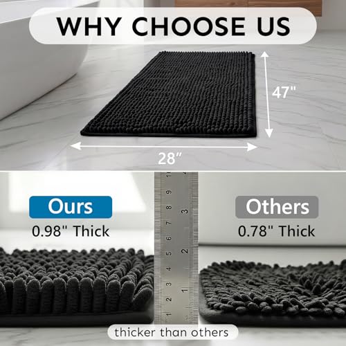 Secura Bathroom Rugs 47x28, Ultra Soft Chenille Bath Mat, Super Absorbent & Quick Dry Bathroom Mat, Non Slip Machine Washable Bath Rugs for Tub, Shower, Home Decor Accessories (Black) - color: Black, size: 47 in x 28 in