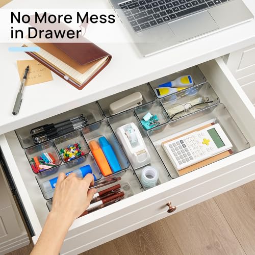 Vtopmart 25 PCS Office Desk Drawer Organizers Set, 4-Size Versatile Plastic Drawer Organizer Trays, Storage Bins for Desk Accessories Office Organizers and Storage, Bathroom, Makeup, Vanity - color: Clear Black