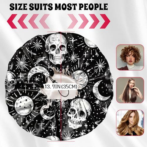 Luxury Shower Cap Satin Lined Reusable Waterproof Double Layer Elastic Adjustable Hair Bath Cap Cute Aesthetic Women Girlss-Skull - color: F5-Skull