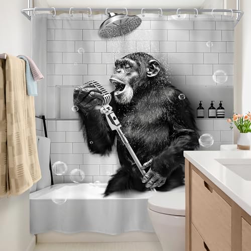 Newsely Funny Monkey Shower Curtain 72Wx72H Inch Black White Animal Chimpanzee Singing in Bathtub Men Kids Boy Shower Curtain Bathroom Set Modern Cool Waterproof Bath Decoration Accessories Home Decor - color: G-monkey, size: 72"W x 72"L (Pack of 1)