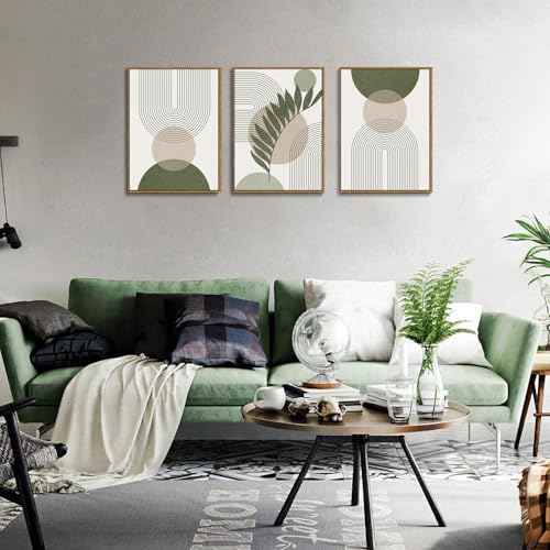 Bwodke Boho Wall Art, Framed Abstract Wall Art, Sage Green Canvas Wall Decor, Mid Century Line Leaf Geometric Pictures Set of 3, Minimalist Paintings, for Bedroom Living Room Bathroom 16"x24" - color: Sage Green, size: 16"x24"Natural