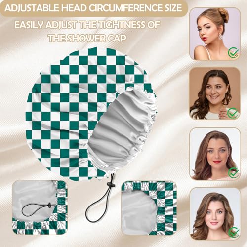 2 PCS Shower Cap Adjustable Reusable Double Waterproof Layer Elastic Hair Bath Cap Cute Aesthetic for Women Girls-Checkered - color: I2-Checkered