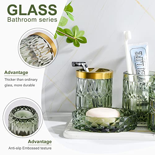 LaMarriti Green Bathroom Accessories Set, 6 Pcs Clear Glass Bathroom Set, Soap Dispenser, Soap Dish, Toothbrush Holder, Tumbler, Q-Tips Holder for Vintage Crystal Bathroom Decor, Gift Set - style: Green