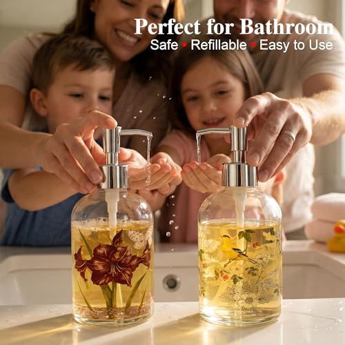Topadorn Hand and Dish Soap Dispenser Set, 2 Pack 17oz Glass Soap Dispensers with Pump, Refillable Kitchen Soap Bottles, Vintage Floral & Goldfinch Bathroom Counter Decor - color: Set of 2
