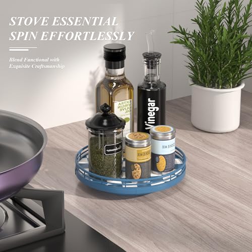 Premium Rubber Wood Lazy Susan Turntable, Blue White Checkerboard Decorative Serving Tray, Hand-Welded Metal Railing, Stable Rotating Organizer for Dining Table, Kitchen Counter, Coffee Table Decor - color: Blue & White, size: 9 inches