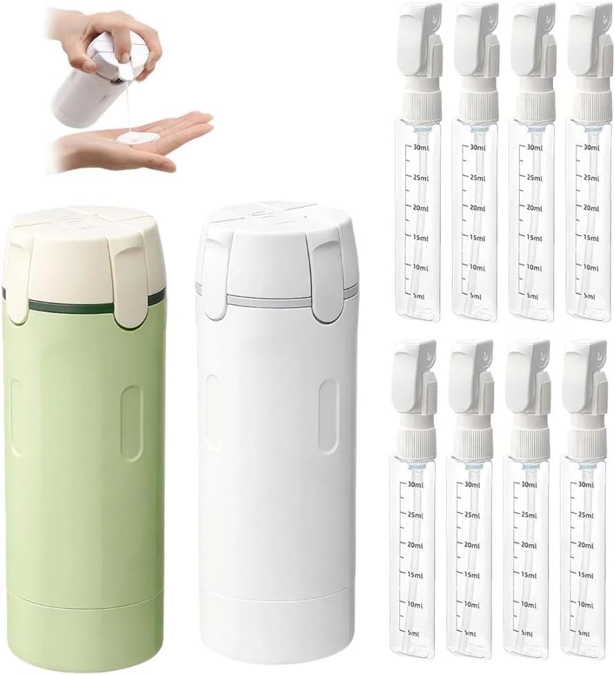 HISKI 4-in-1 Travel Bottles for Toiletries Portable Refillable Leakproof Shampoo, Conditioner, Lotion, Cream Containers with Labels & Measuring Scale (2 Pack, White+Green) - color: White+Green