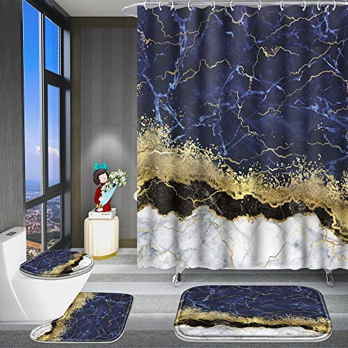 Poedist 4 Pcs Gold Edge Marble Bathroom Shower Curtain Set, Bathroom Sets with Shower Curtain and Rugs(Bath Mat,U Shape and Toilet Lid Cover Mat) and 12 Hooks-Blue - color: Blue Yellow Black