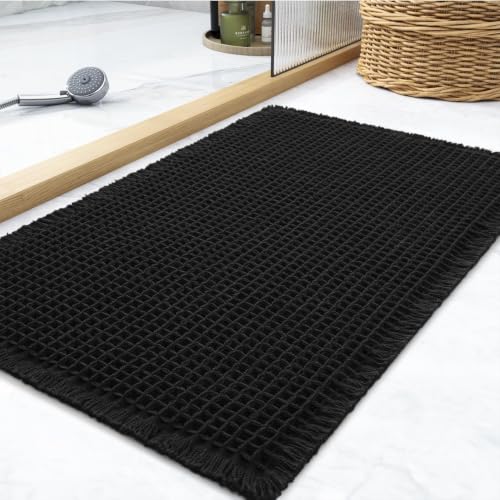tchdio Waffle Bath Mat Rug, Super Absorbent Non Slip Bath Mats Ultra Soft Bathmat Machine Washable Bathroom Rugs with Tassels, Bath Rugs for Bathroom Floor Beside Tub, 18" x 30", Black - color: Black, size: 18" x 30"