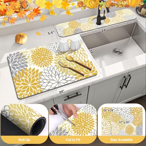 Findosom 2PCS 12" x 20" Fall Dish Drying Mat & 24" x 5.5" Sink Splash Guard, Super Absorbent & Cuttable Dish Mat Drying Kitchen Mat with Yellow Floral, Hide Stain Drying Mat for Kitchen Counter - color: Yellow, size: 12" X 20" + 24" X 5.5"