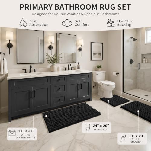Yimobra Black Bathroom Rug Set 3 Piece - Super Absorbent Quick Dry Chenille Bath Mats & Toilet Rug, Non Slip Machine Washable, Extra Thick Shaggy Floor Mat for Shower Tub Sink - color: Black, size: 24"x20" + 30"x20"+ 44"x24"