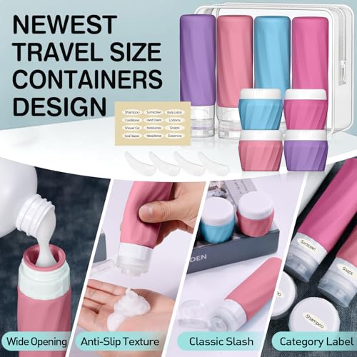 Silevoler 14pack Travel Bottles for Toiletries, TSA Approved Travel Size Toiletries Containers Set, Premium Silicone Leak Proof Refillable Bottles & Creams Jars Accessories Kit W/Clear Bag (Vibrant) - color: Vibrant