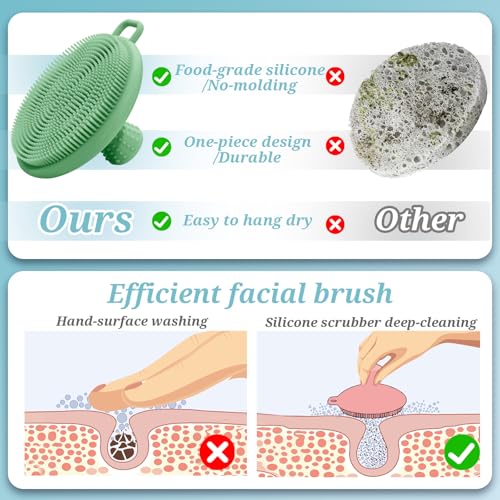 Silicone Back & Body & Face Scrubber Set 3PCS, Gentle Exfoliating Back & Body Scrubber with Dual-Side Brush Head, Hygienic Silicone Loofahs with Soft Bristle and Non-Slip Handle(Green-3PC) - color: Green*3