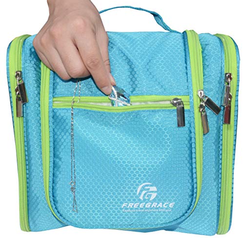 Freegrace Extra Large Hanging Toiletry Bag for Men and Women - Water-Resistant Nylon Travel Bathroom Organizer for Cosmetics, Makeup, and Toiletries - color: Aquamarine