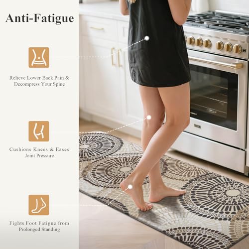 HEBE Anti Fatigue Kitchen Rugs Sets of 2, Non Slip Kitchen Mats for Floor, Waterproof Cushioned Comfort Standing Carpet for Kitchen Sink, Home Office, Laundry Room - color: Floral/Brown, size: 17.3"x48"+17.3"x28"-0.4"Th