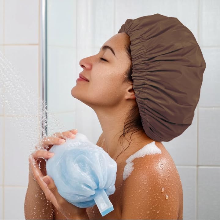 Edoneery Reusable Shower Caps for Women, Waterproof Long Hair Bonnet | Washable Design, Wide Elastic Band, Large Fit, Holds Long Hair, Braids Friendly, Bath Accessories, Spa, Travel - color: Brown