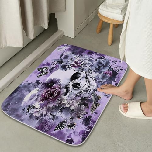 Funny Sugar Skull Purple Floral Coral Velvet Bath Rugs Non Slip Shower Mat for Bathroom Decor Sets Door Rug with Rubber Backing Absorbent Kitchen Floor Carpet 20 x 31 inches Coral and Black - color: Multi Color 12, size: 2'7" x 1'8" (Rectangular)