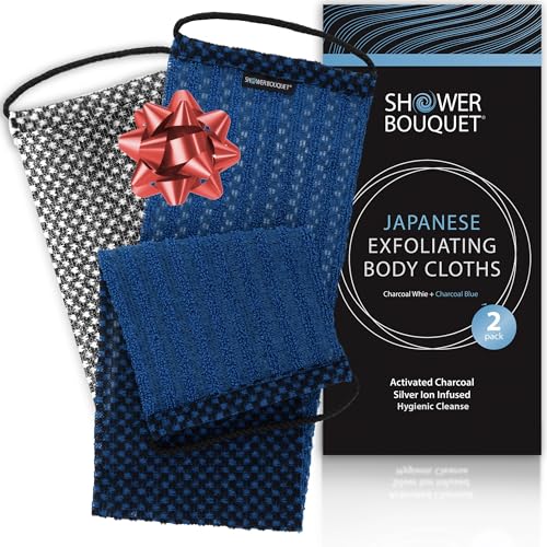 Japanese Exfoliating Washcloth for Back & Body 2-Pack - Charcoal & Silver Ion Exfoliating Towel with Handles - Two-Sided Gentle Exfoliation & Deep Cleanse Body Wash Cloths for Shower - 1 White, 1 Blue - color: Charcoal Blue + Charcoal White, size: 1 Count